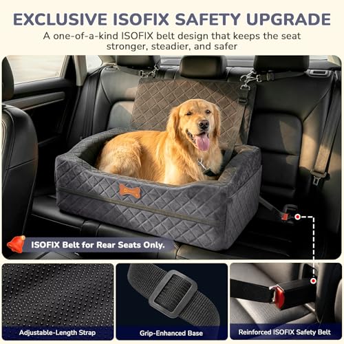 Dog Car Seat for Medium Large Dogs, 4" Elevated Booster Seat with ISOFIX Safety Fixation, Washable Cover & High Density Memory Foam, Portable for Car Front/Rear/Trunk Home Outdoor Use (Charcoal Gray) - color: Charcoal Gray, size: Large