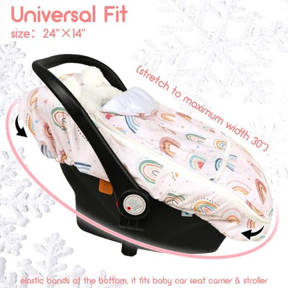 Winter Car Seat Cover Baby Girl Boy, Warm & Windproof Infant Carseat Cover Canopy Protect Baby from Cold Weather, Plush Fleece, Pink Rainbow - color: Pink Rainbow
