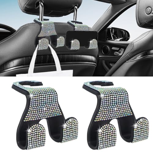 2PCS Car Seat Headrest Hooks, Shiny Crystal Hanger Holder, Backseat Hanger Storage Organizer, Bling Rhinestone Car Purse Hook, Car Accessories for Women Universal for SUV Truck Vehicle (AB Color) - color: AB Color