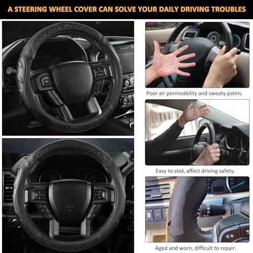 Black Seal Custom-Fit Steering Wheel Cover for Ford F-150, F-250, F-350, Expedition, 15.5–16", Anti-Slip PU Leather (Black) - color: Black