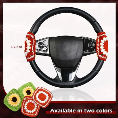 Crochet Steering Wheel Cover, Handmade Red Flower Crochet Fabric Soft Knitted Car Interior Accessories for Women, Cute Steering Wheel Decoration (Red)