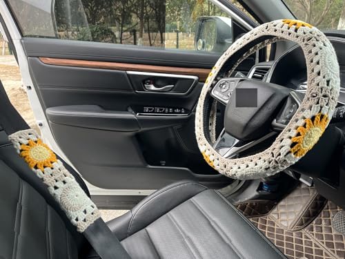 Handmade Crochet Sun Moon Car Steering Wheel Covers Universal 14-15 inch,Cute Steering Wheel Cover,Car Accessories (Wheel Cover+2belt Cover+2Coaster+Hanging) - color: wheel cover+2belt cover+2Coaster+hanging