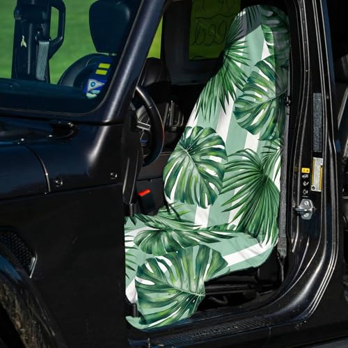 2 Pack Car Seat Towel Covers, Sweat Protector for Front Seats, Premium Thickened Microfiber with Palm Leaves, Breathable & Quick Dry, Slip-on Headrest Pocket for Gym Running Beach Universal Fit - color: Palm Leaves