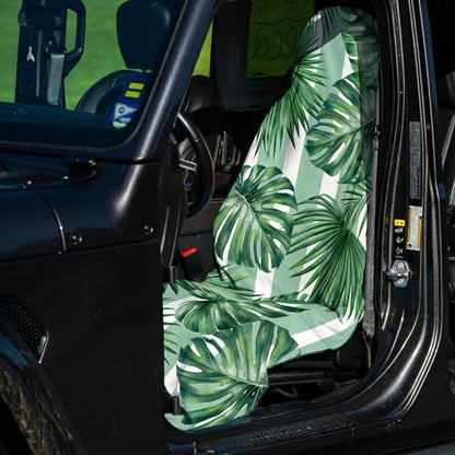 2 Pack Car Seat Towel Covers, Sweat Protector for Front Seats, Premium Thickened Microfiber with Palm Leaves, Breathable & Quick Dry, Slip-on Headrest Pocket for Gym Running Beach Universal Fit - color: Palm Leaves