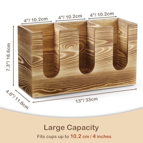 Wooden Coffee Cup and Lid Organizer for Countertop, 3 Compartments Cup Holder Dispenser, Fits 16–24 oz Disposable Cups, Coffee Bar Cup Organizer, Breakroom Kitchen Counter Cup Holder