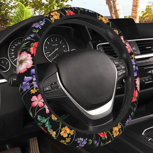 Colorful Floral Flowers Steering Wheel Cover, Elastic Non-Slip Steering Wheel Protector,Auto Interior Decor for Women Girls,Universal 15" Fit for Sedans,Trucks - color: Colorful Floral Flowers