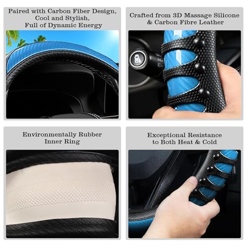 Car Leather Steering Wheel Cover - Carbon Fibre Material, Universal 14.5-15 Inch Leather Anti-Slip Breathable Auto Steering Wheel Covers for Men Women (3D Massage - Sky Blue) - color: 3D Massage - Sky Blue