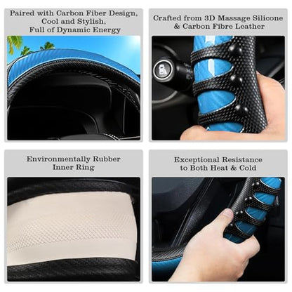 Car Leather Steering Wheel Cover - Carbon Fibre Material, Universal 14.5-15 Inch Leather Anti-Slip Breathable Auto Steering Wheel Covers for Men Women (3D Massage - Sky Blue) - color: 3D Massage - Sky Blue