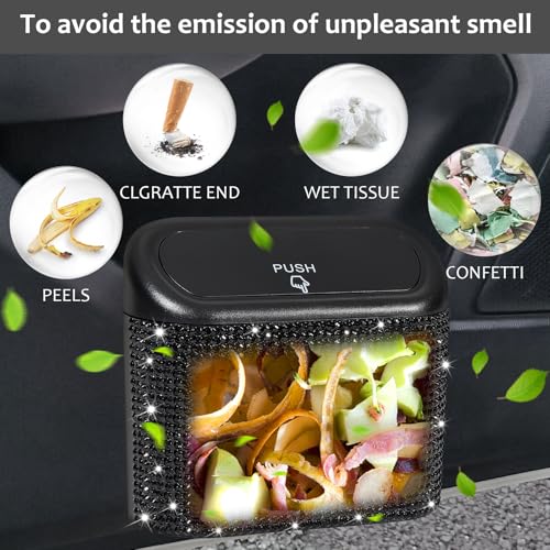Accmor Bling Car Trash Can with Lid, Mini Auto Garbage Storage Bin with 60pcs Garbage Bags, Sparkling Crystal Trash Bags Holder Dustbin Vehicle Accessories Container Organizer (Black Rhinestone)