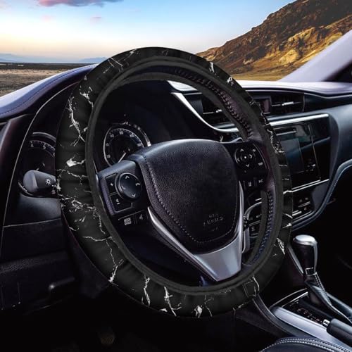 Black Steering Wheel Cover for Universal Auto Steering Wheel 15 Inch Marble Design Car Interior Accessories Fits SUV Vehicle Sedan Truck Gift for Family - color: Black Marble