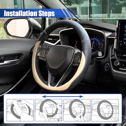 14.5"-15" Car Steering Wheel Cover, Anti-Slip Breathable Microfiber Leather Car Wheel Protector, Universal Auto Interior Heat Resistant UV Protection Accessory for Sedan SUV (Beige-15)