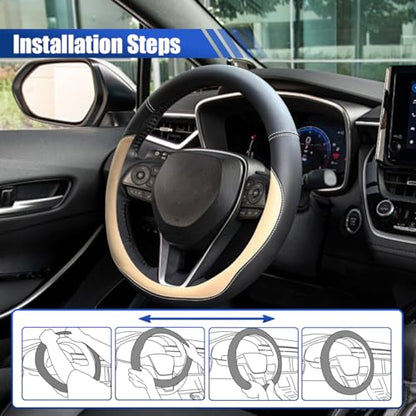 14.5"-15" Car Steering Wheel Cover, Anti-Slip Breathable Microfiber Leather Car Wheel Protector, Universal Auto Interior Heat Resistant UV Protection Accessory for Sedan SUV (Beige-15)