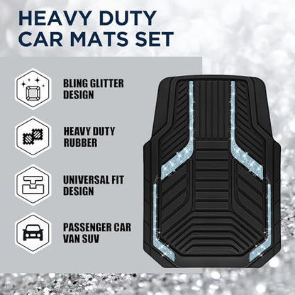 PIC AUTO Car Floor Mats, Light Blue Sparkly Crystal Bling Glitter Car Mats Set, Front and Rear Heavy Duty Rubber Car Mats with Anti-Slip Backing, All Weather, Trim-to-Fit for SUVs, Trucks, Sedan, Vans - color: Light Blue Glitter