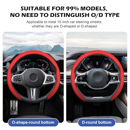 Nappa Leather Steering Wheel Cover,Universal Fit 15 Inch-Premium Non-Slip Breathable Comfort Grip for Cars Trucks SUVs,Anti-Slip Durable Interior Upgrade Red - color: Red