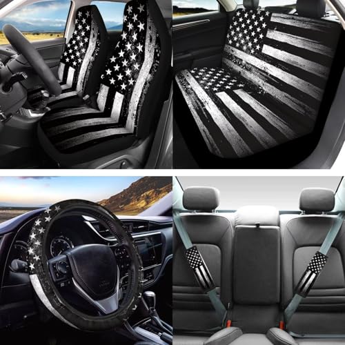 16 Piece Car Interior Cover Set, American Flag Printed Car Front Rear Seat Covers with Steering Wheel Protector Center Console Covers Seatbelt Pads Head Rest Cover Cars Coaster, Universal Fit - color: Black and White - American Flag