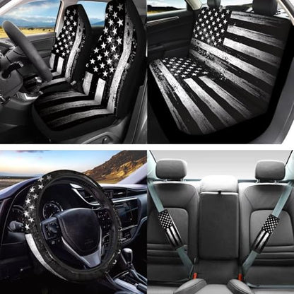 16 Piece Car Interior Cover Set, American Flag Printed Car Front Rear Seat Covers with Steering Wheel Protector Center Console Covers Seatbelt Pads Head Rest Cover Cars Coaster, Universal Fit - color: Black and White - American Flag