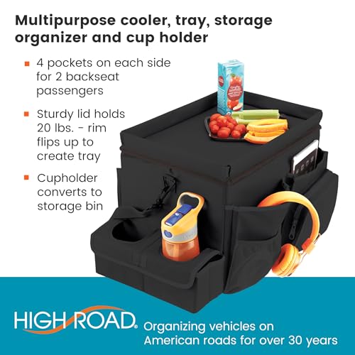 High Road CarHop Front Seat Car Organizer with Car Cup Holder, Passenger Seat Tray and Padded Filing or Cooler Compartment with Side Pocket Storage - color: Black