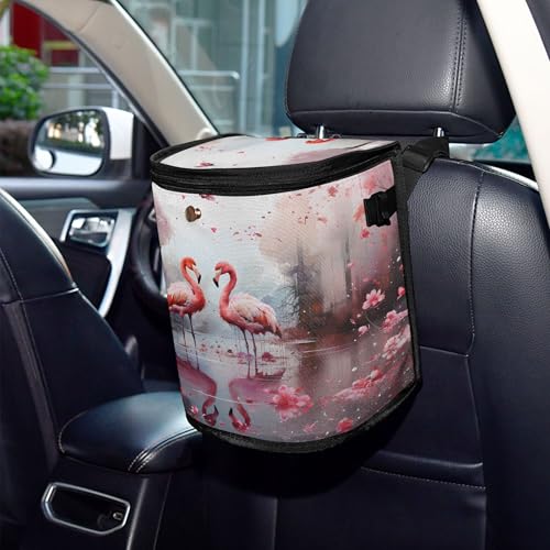 MNSRUU Car Trash Can with Lid, Flamingos and Flowers Car Trash Bag Hanging Organizers and Storage for Front Back Seat, Leak-Proof Trash Bin - color: Flamingos A 0325