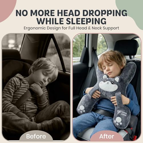 Kids Car Sleeping Pillow - X-Shaped Plush Animal for Neck & Back Support - Hands & Seat Belt Slot - Machine Washable & Compressible - Perfect for Car, Plane, Train, Boat & More - Grey