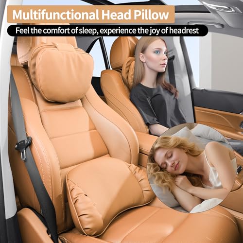 Car Headrest Pillow for Driving, Dual-Sided Leather Design Neck Pillow, Breathable Softness Neck Support, Universal Fit Head Rest Travel Pillow, Palomino Brown, 1 Pack - color: Palomino Brown