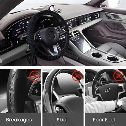 Elastic Stretch Car Steering Wheel Cover, Comfortable Steering Wheel Cover Universal for 14.5-15 Inch, Warm in Winter & Cool in Summer, Anti-Slip Breathable Ice Silk (Black) - color: Black