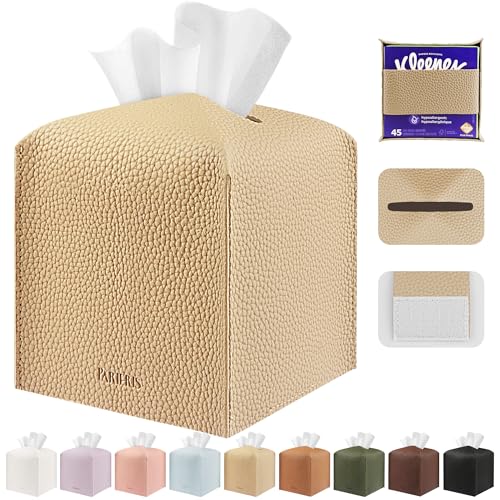 Tissue Box Cover Holder Square Tissue Cube Cover PU Leather Tissue Organizer with Bottom Belt for Bathroom, Tabletop, Car, Night Stands, Office, Home, Kitchen (1, SoftBeige) - color: Softbeige
