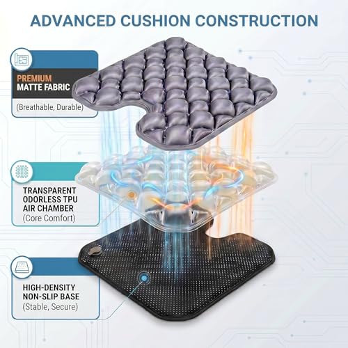 Inflatable Seat Cushion, Coccyx Cushion for Office Chair, Car & Wheelchair, Ergonomic Pressure Relief for Tailbone & Sciatica, Adjustable Firmness, Non-Slip Seat Pad for Long Sitting 16.6" × 15.8"