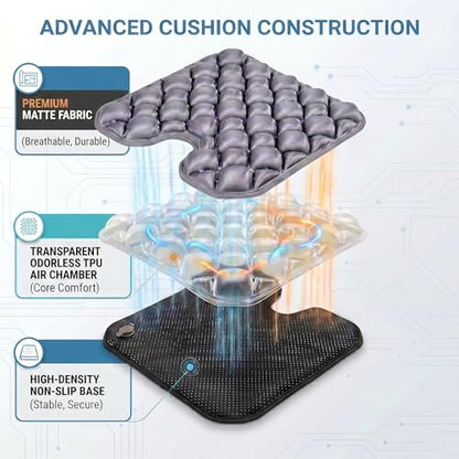 Inflatable Seat Cushion, Coccyx Cushion for Office Chair, Car & Wheelchair, Ergonomic Pressure Relief for Tailbone & Sciatica, Adjustable Firmness, Non-Slip Seat Pad for Long Sitting 16.6" × 15.8"