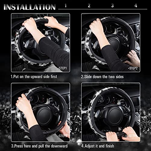 CAR PASS Bling Cow Print Diamond Steering Wheel Cover, with Sparkly Crystal Glitter Rhinestones Black Leather Car Wheel Protect for Women Girl Fit Suvs,Vans,Sedans,Cars,Trucks, 14" 1/2-15" Cow Design - color: Cow Diamond