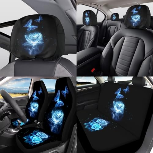 Romantic Blue Rose Print Car Seat Covers Full Set for Men Women 12pcs Steering Wheel Cover Armrest Pad Gear Shift Cover Car Accessories Set for Cars Seat Covers with Headrest Covers - color: Romantic Blue Rose