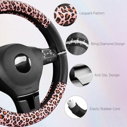 Road Comforts Leopard Steering Wheel Cover for Women, Cute Anti-Slip Microfiber Leather, Fits 14.5-15 Inch Steering Wheel 14.5-15 Inch - Black and Pink Cheetah - color: Round-Black&Pink Leapord