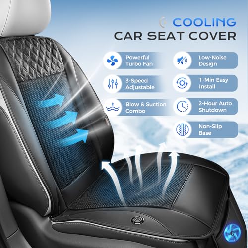 Coverado Cooling Car Seat Cover with High-Velocity Turbo Fan, Powerful Blowing & Suction Pad, 12V-24V Ventilated Cushion, 3-Speed Adjustable Airflow, Universal Fit for Car SUV Truck Van（Black） - color: 1 Fan Black
