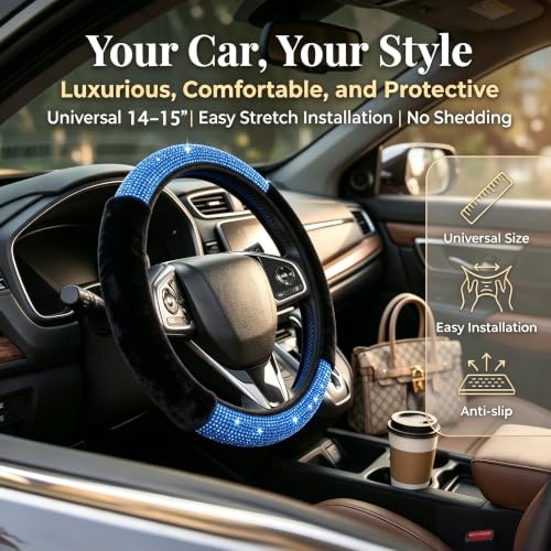 Bling Steering Wheel Cover for Women Girls, Blue Rhinestone Diamond Sparkling Fur Fluffy Steering Wheel Accessories Elastic Steering Wheel Covers Winter Warm Universal Fit 14-15 inches - color: Dark Blue