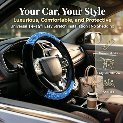 Bling Steering Wheel Cover for Women Girls, Blue Rhinestone Diamond Sparkling Fur Fluffy Steering Wheel Accessories Elastic Steering Wheel Covers Winter Warm Universal Fit 14-15 inches - color: Dark Blue