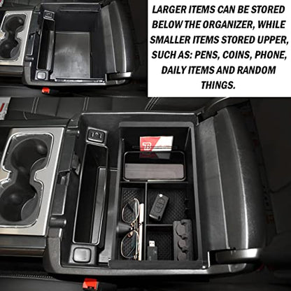 Center Console Organizer for 2014-2018 Chevy Silverado 1500 / GMC Sierra 1500 Accessories and 2015-2019 Sierra/Silverado 2500/3500HD and 15-2020 Yukon/Yukon XL/Tahoe/Suburban Armrest Storage Box black