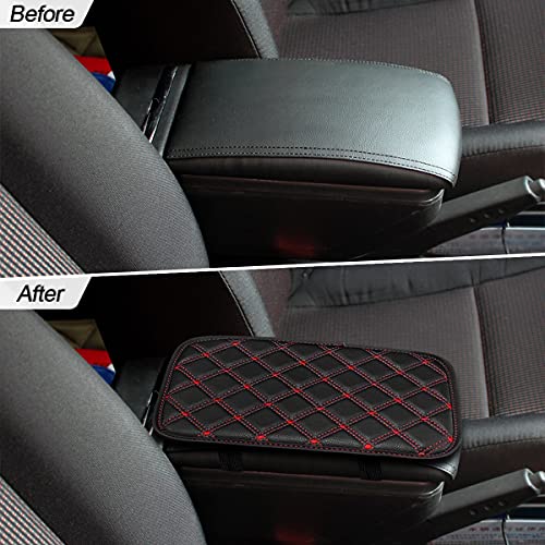 Car Leather Center Console Cushion Pad, 11.4"x7.4" Waterproof Armrest Seat Box Cover Fit for Cars, Vehicles, SUVs, Comfort, Car Interior Protection Accessories (Black/Red-2)