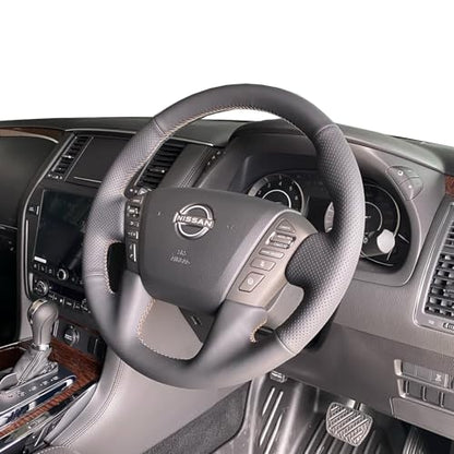 Steering Wheel Cover Hand-Stitch on Black Leather Protector Wrap for Nissan Frontier 2022-2025 Nissan Armada/Nissan NV Cargo/Nissan Titan/Patrol 2013-2022 Infiniti QX80 2014-2022