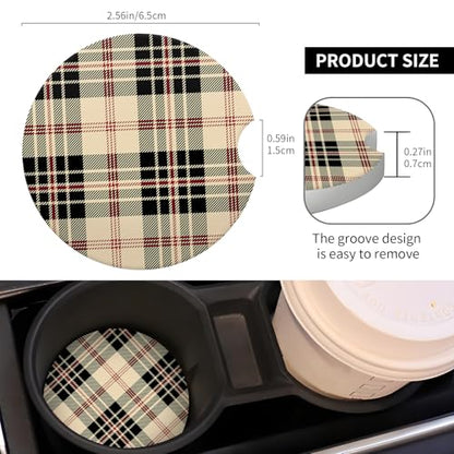 2 Pack Universal Ceramic Car Coasters，Ceramic Stone with A Finger Notch for Easy Removal of Car Cup Holder Coaster(Beautiful Plaid Tartan) - color: Beautiful Plaid Tartan