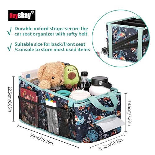 HEYSKAY Car Seat Organizer-Passenger Seat Organizer, Collapsible Small Car Seat Organizer for Console Front/Back, Car Caddy with 4pc Drink Holders Automotive Backseat Organizer for Kids - color: Black
