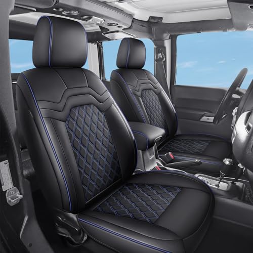 Huidasource Wrangler JL Seat Covers 4 Door 2018-2026, Wrangler Leather Seat Cover Full Set, Custom Fit Seat Protector for Jeep Wrangler JL 4-Door Without Rear Cupholder (Full Set/Black&Blue) - color: Full Set/Black & Blue, size: 18-26 Wrangler JL 4-Door (