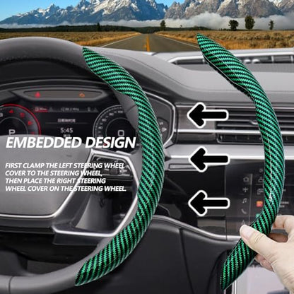 2pcs Universal Fit Carbon Fiber Steering Wheel Cover, Anti-Skid Steering Wheel Cover/Segmented Steering Wheel Protector/Car Interior Accessories (Bright Green) - color: Bright Green