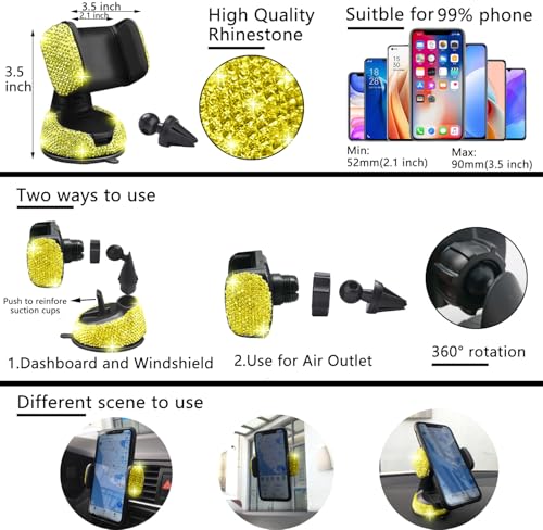 NBTEPEM 27 PCs Yellow Bling Car Accessories Set for Women, Steering Wheel Covers Universal Fit 15 Inch, Bling License Plate Frame, Bling Phone Holder, Bling Car Coasters (Yellow Diamond) - color: Yellow Diamond