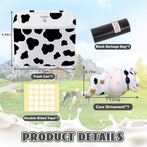 Car Cow Print Trash Can - White Garbage Organizer Holder with Black Trash Bag Rolls, Cute Automotive Dustbin for Most Cars Interior Accessories (1, White)