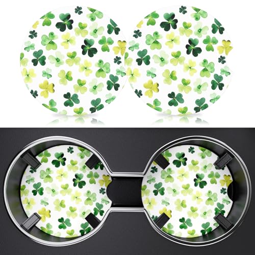 2 Pack Car Cup Holder Coaster, 2.63 inch Anti Slip Insert Absorbent Ceramic Car Coaster with Cork Base and Finger Notch, Cute Car Accessories Interior for Women, Cute Car Coasters., Clover