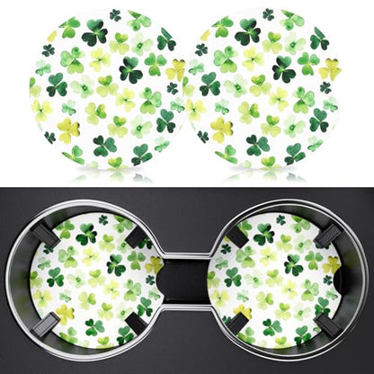 2 Pack Car Cup Holder Coaster, 2.63 inch Anti Slip Insert Absorbent Ceramic Car Coaster with Cork Base and Finger Notch, Cute Car Accessories Interior for Women, Cute Car Coasters., Clover