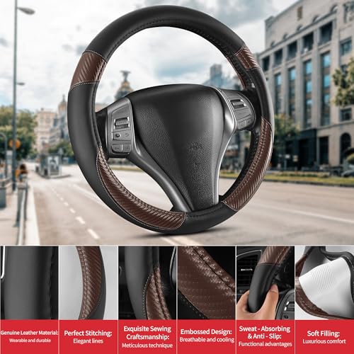 Non-Slip Car Nappa Leather Steering Wheel Cover,Universal Car Accessories Women Men Fit 14" 1/2-15" Suvs/Vans/Sedans/Cars/Trucks,Brown - color: Black Brown