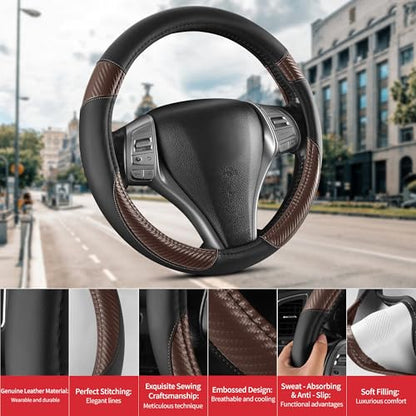 Non-Slip Car Nappa Leather Steering Wheel Cover,Universal Car Accessories Women Men Fit 14" 1/2-15" Suvs/Vans/Sedans/Cars/Trucks,Brown - color: Black Brown