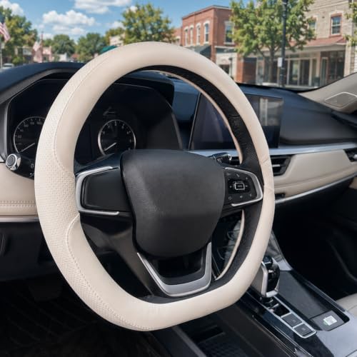 D Shaped Steering Wheel Cover, Flat Bottom Car Wheel Cover 14 1/2-15 inch (37-39 cm), Non-Folding Packaging, Microfiber Leather, Black and Light Creamy White - color: Light Creamy White, size: D Shaped: Medium 14 1/2''-15''
