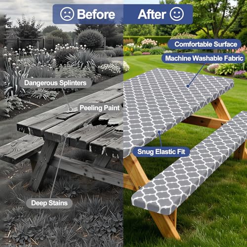 Smiry Picnic Table Cover with Bench Covers, Waterproof Elastic Fitted Tablecloth for 6 Foot Tables, Washable Polyester Tablecloths for Camping, Indoor & Outdoor (Grey, 30x72 Inch 3-pc Set)