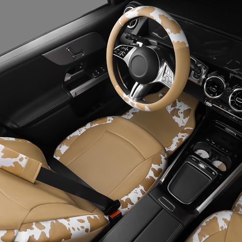 CAR PASS Cow Print Faux Leather Car Seat Covers & Cow Car Mats & Cow Steering Wheel Cover Seat Belt Pads Universal fit for SUV,Van,Saden,Truck Cute Car Accessories Automobile Interior Sets All Beige - color: Cow Print Beige